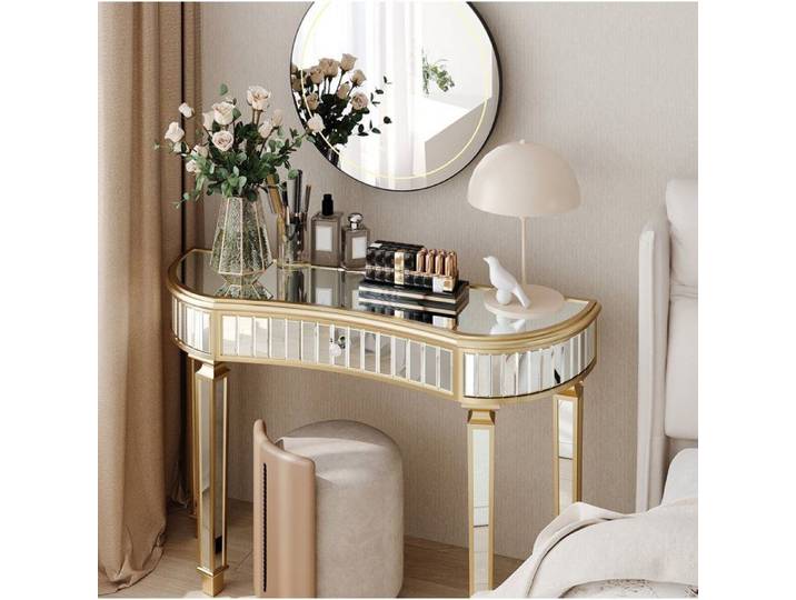 Console demi-lune miroir 120 cm avec tiroir et bouton cristal facetté pour entrée salon chambre - UVRION