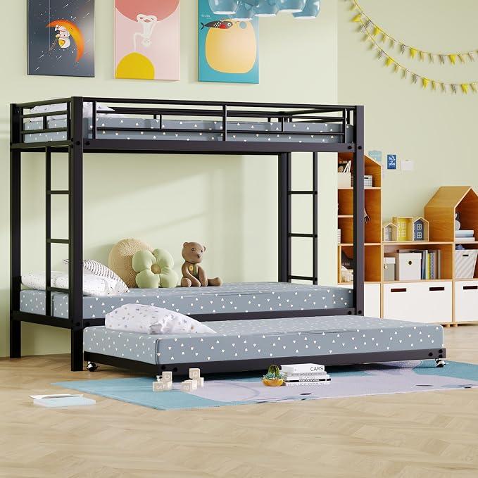 Etagenbett 90x200cm, Eisenrahmenbett, Kinderbett ausgestattet mit Ausziehbett, Hochbett mit Rausfallschut und Treppe, EN747 , Robuste Konstruktion, ohne Matratze
