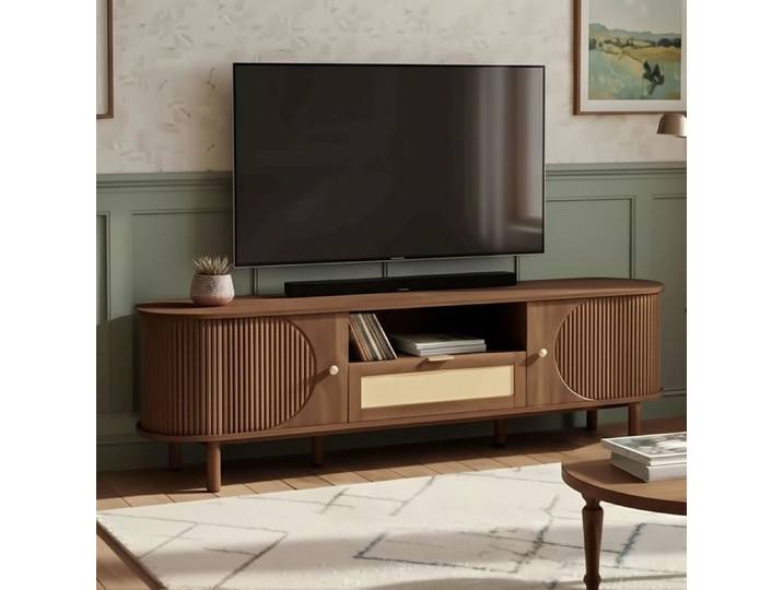 Meuble TV 175cm - Design Arrondi - Portes Demi-Lune & Tiroirs - Style Japandi Chic - Couleur Noyer