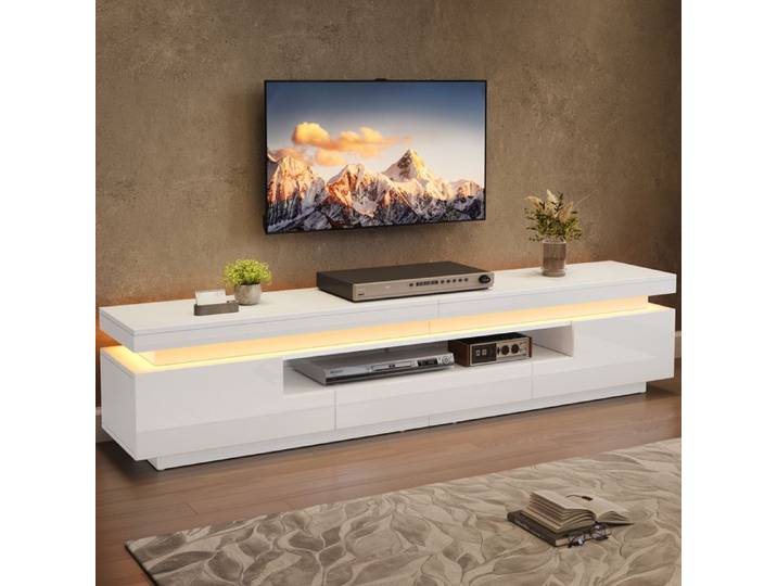 Meuble TV moderne avec éclairage LED et espace de rangement meuble TV à finition brillante 175x38x45cm adapté pour TV 75 pouces.
