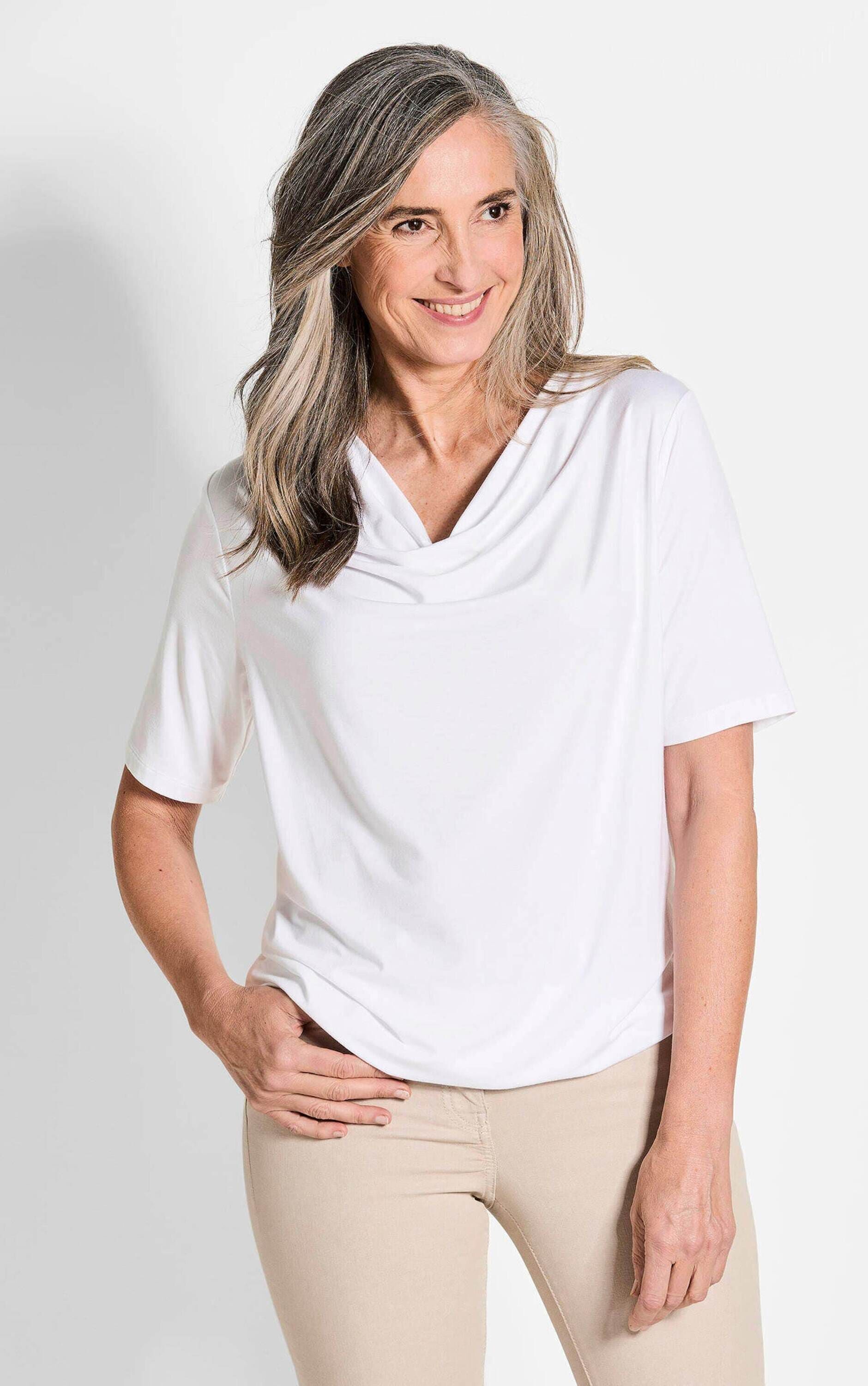 Kurzarmshirt GOLDNER "Blusenshirt mit Wasserfallausschnitt", Damen, Gr. 48, weiß, Obermaterial: 95% Viskose CV. 5% Elasthan EL., Basic, figurumspielend, Gerade, Shirts Kurzarmshirt, Wasserfallausschnitt