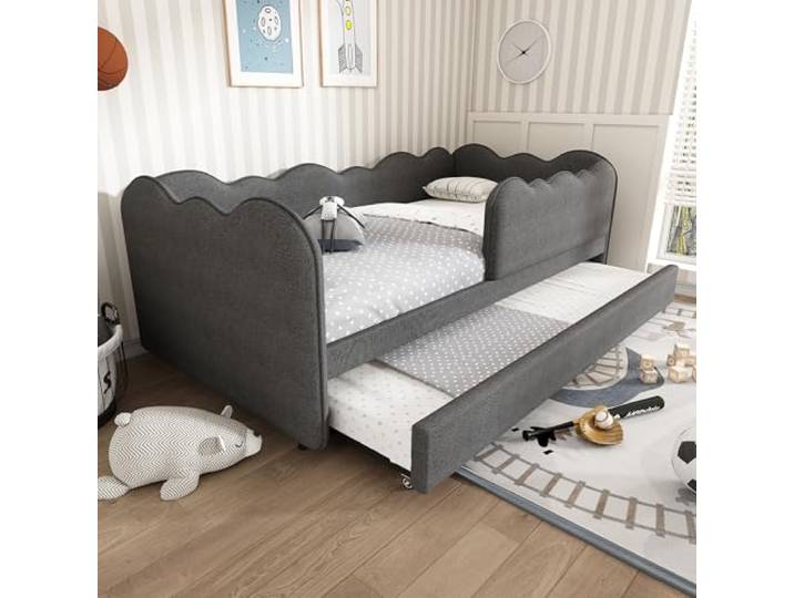 Merax Polsterbett Daybett 90x190 cm mit Ausziehbett – Schlafsofa Kinderbett mit Lattenrost & Schubladenfunktion – Tagesbett aus Leinen – Gästebett ohne Matratze Grau