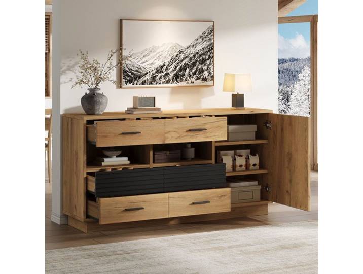 Modenuit Buffet bas 140 x 35 x 70 cm en MDF 6 tiroirs 1 porte décor bois naturel et noir