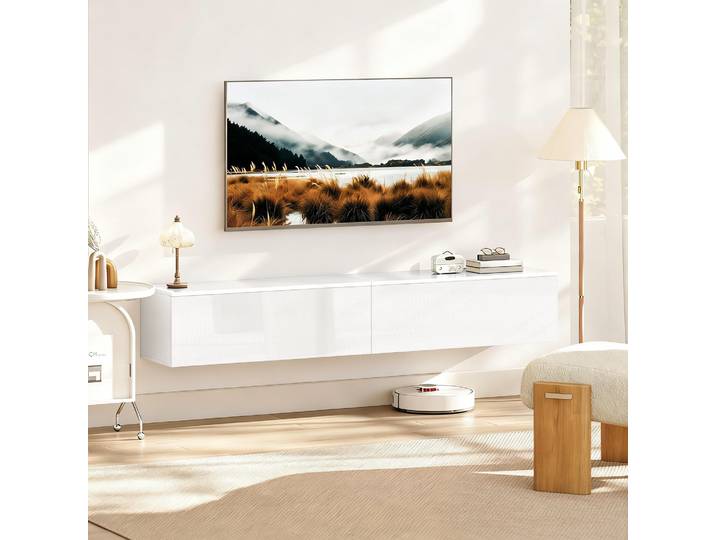 HOMCOM Meuble TV Suspendu 180 cm Blanc Laqué avec Portes