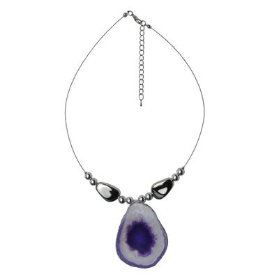 Kette mit Anhänger STEUER "Drahtcollier silberfarben Silberelemente und Achatscheibe lila", lila, Halsketten, Damen, 57cm, Metall, L: 57, glänzend