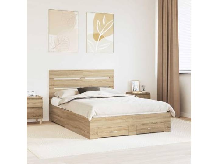 RJPLMFV Bettgestell, Sonoma-Eiche, 150 x 200 cm Mit Aufbewahrungsschubladen, integriertem Kopfteil, nachhaltiges Holz, modernes Design