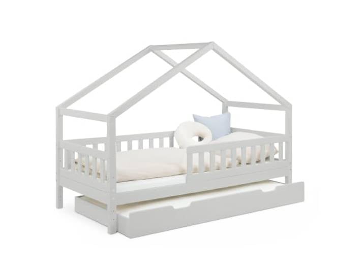 Ehrenkind® Panorama Hausbett Lille 90x200 cm aus Kiefer Massivholz FSC®-Zertifiziert 2-in-1 Kinderbett mit Dachgiebel & Bettkasten Hellgrau
