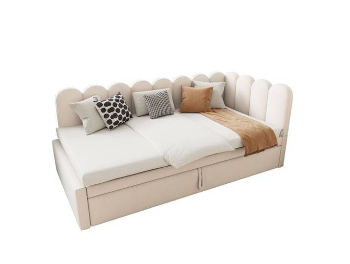 ULEVR Canapé-lit d'angle rembourré 90x200 cm 204.5x188.5x88 cm - lit gigogne coulissant pour invités beige velours