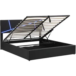 OKWISH Polsterbett aus PU in Schwarz mit LED-Beleuchtung, hydraulischer Stauraumfunktion und Lattenrost