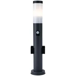 Außenleuchte LED Stehleuchte mit Bewegungsmelder Edelstahl Wegeleuchte Sockelleuchte Gartenleuchte anthrazit, mit 2 Steckdosen,, IP44, 1x 11W 1055lm warmweiß, DxH 13,1x60 cm