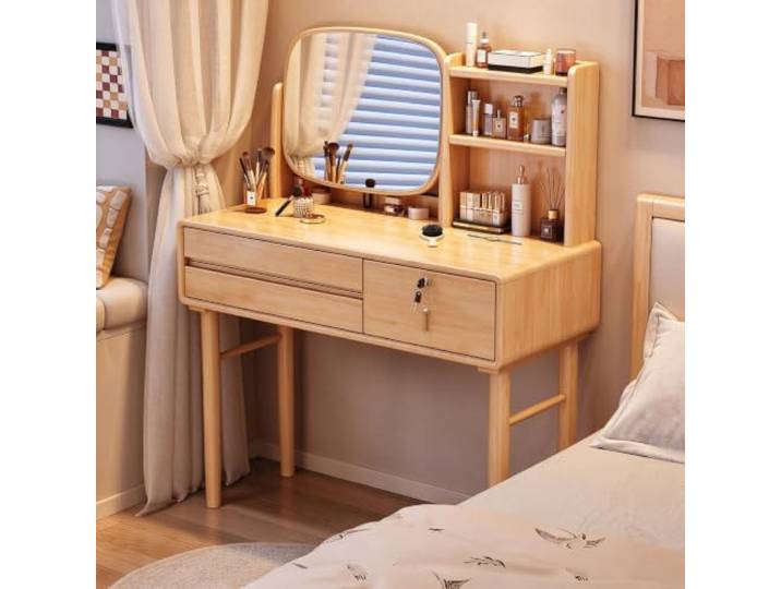 Schminktisch aus Gummiholz mit Spiegel und Aufbewahrungsregalen Schminktisch Massivholz abschließbaren Schubladen,Aufbewahrungsregal,abgerundete Kanten,für Schlafzimmer(Natural wood)