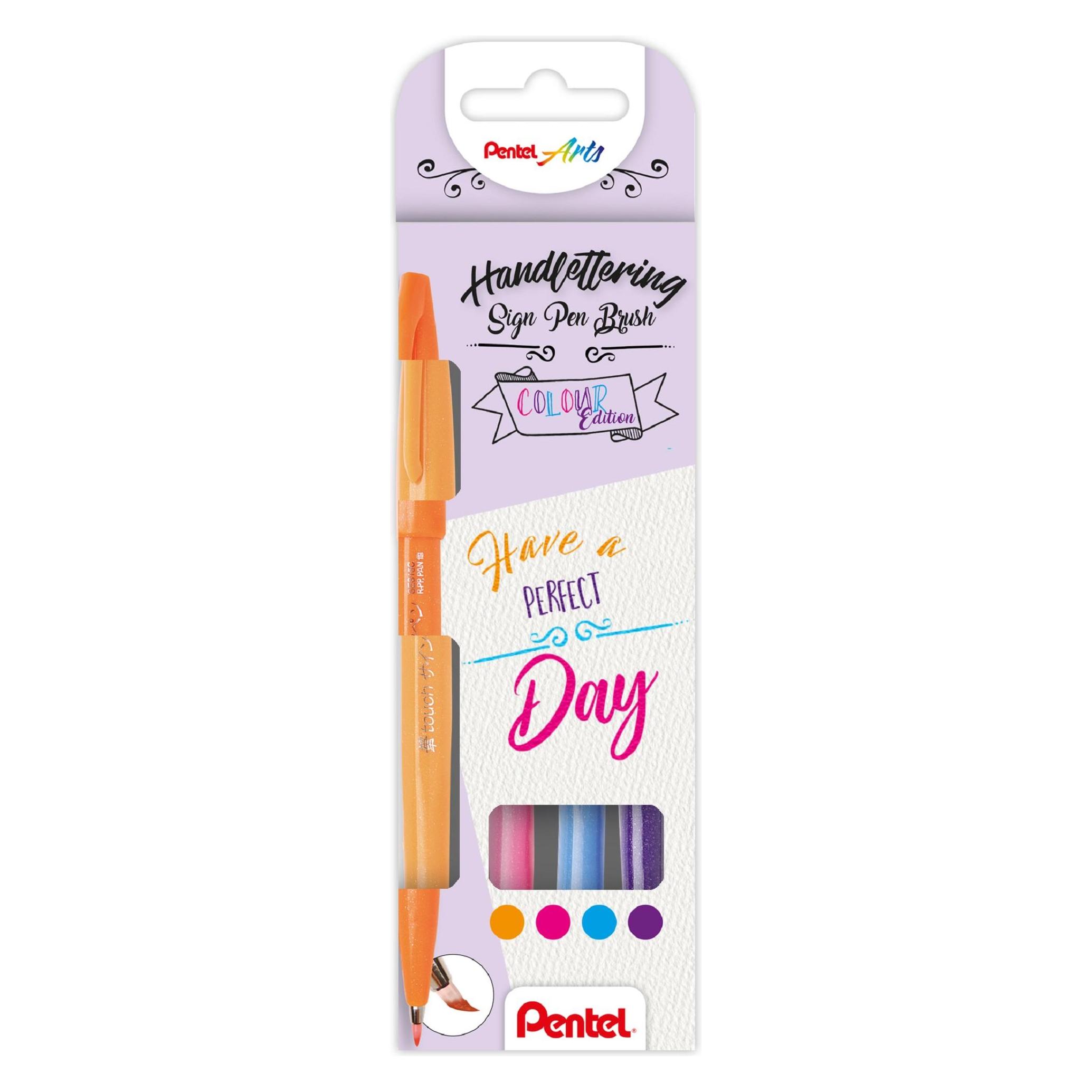 Pentel PentelArts Faserschreiber Brush Sign Pen, 4er Etui, Colour (4x) (SES15-4COL)