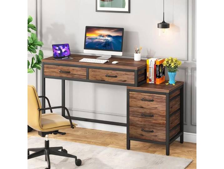 Bureau d'ordinateur Table de Bureau avec 5 Tiroirs Bureau Informatique avec Armoire à tiroirs réversible pour la
