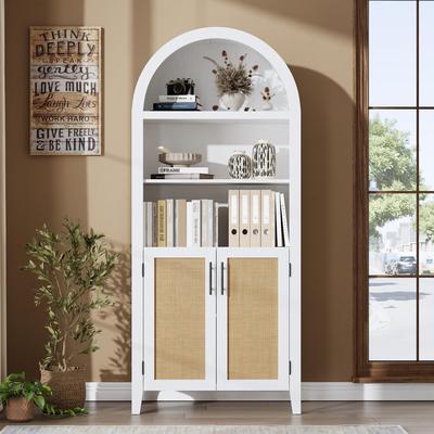 Garvee Arched Bookcase with Doors - 5 Tier Open Display Shelf with Rattan Decor
