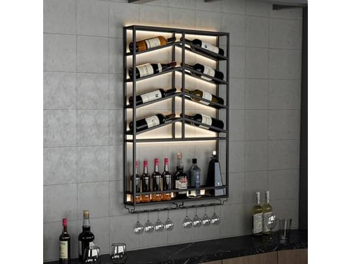 BRCYKRWY Wandmontiertes Metall-Weinregal Mit Weinglashalter,Bar Regale Wand Wandmontierte Weinregale,schwebende Barregale,Spirituosenregal,Schwebende Regale,für Bar Wohnzimmer Restaurant
