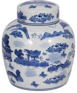 Sagebrook Home Decorative Jar - Blue Ceramic Round Lidded, 10 in.