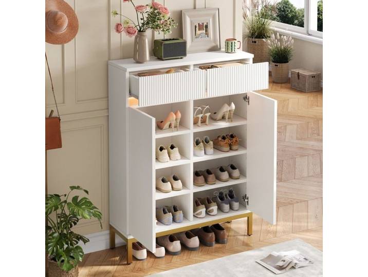 Armoire à chaussures: Panneaux de fixation réglables en hauteur Façade rembourrée blanche 2 tiroirs 2 portes pivotantes Blanc