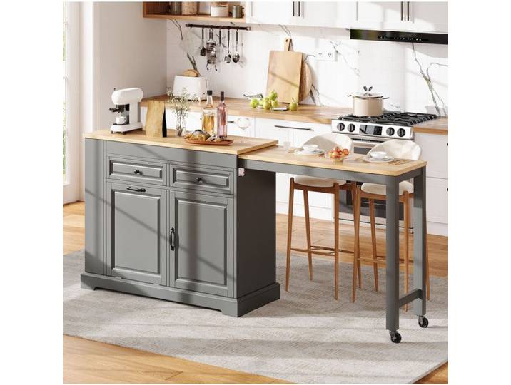 WOVREO Îlot central mobile extensible 112-180 cm avec rangements tiroirs roulettes gris MDF
