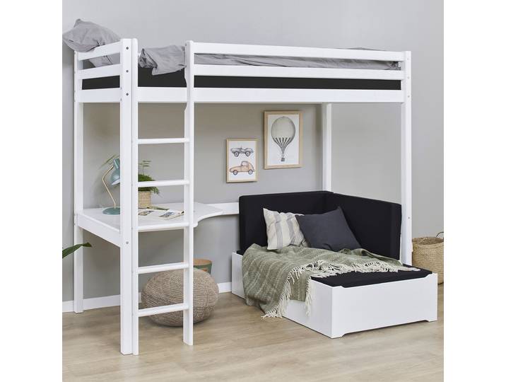 Hochbett HOPPEKIDS ECO Dream 90x200 mit Schreibtisch & Loungesofa / Gästebett , schwarz (kiefer, weiß lackiert, schwarz), Liegefläche B/L: 90cm x 200cm, kein Härtegrad, kein Härtegrad, Hochbetten, Hochbett, Kinderbett aus Massivholz, Sofa ausziehbar zum Gästebett