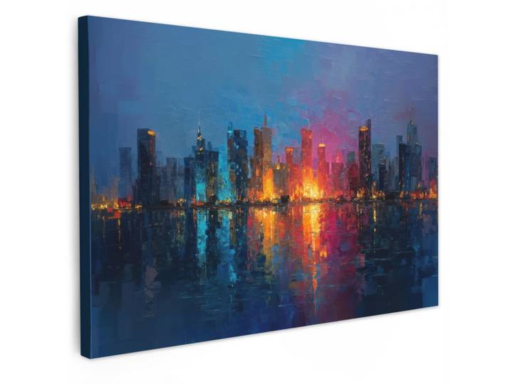LEINWANDBILD Skyline - Pinselstriche - Dunkelblau - Leuchtend Gemälde 60x40 cm