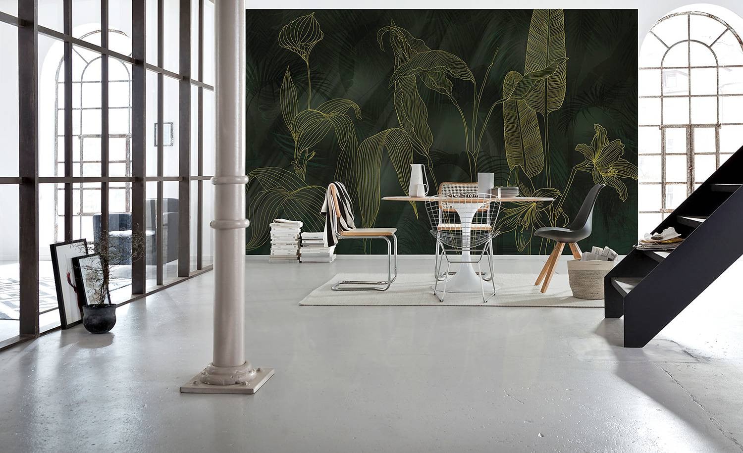 home24 Vlies-fotobehang Mural Floral Modern Darkest Green B: 400 cm, H: 250 cm