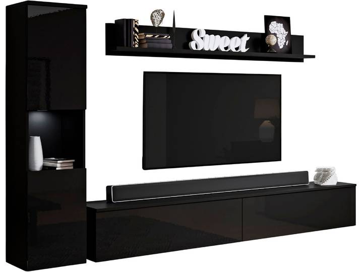 Wohnwand GOODPRODUCT PARIS, Vitrine Türanschlag links/rechts wechselbar , schwarz (schwarz graphite matt, schwarz hochglanz), B:220cm H:130cm T:33cm, Kastenmöbel-Sets, Wohnwand, grifflose Design, stehend und hängend montierbar