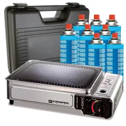 Tragbare Gasplancha 2300W + 8 Gaskartuschen + Transportkoffer Kochen im Freien Camping Terrasse Barbecue KEMPER