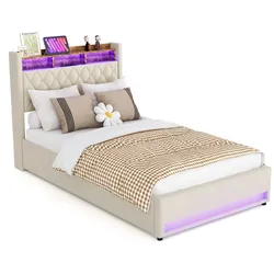 Polsterbett 140x200 mit Stauraum LED Beleuchtung USB Anschlüssen Bettgestell stabiler Metallrahmen hohe Belastbarkeit Samtbezug modern Beige