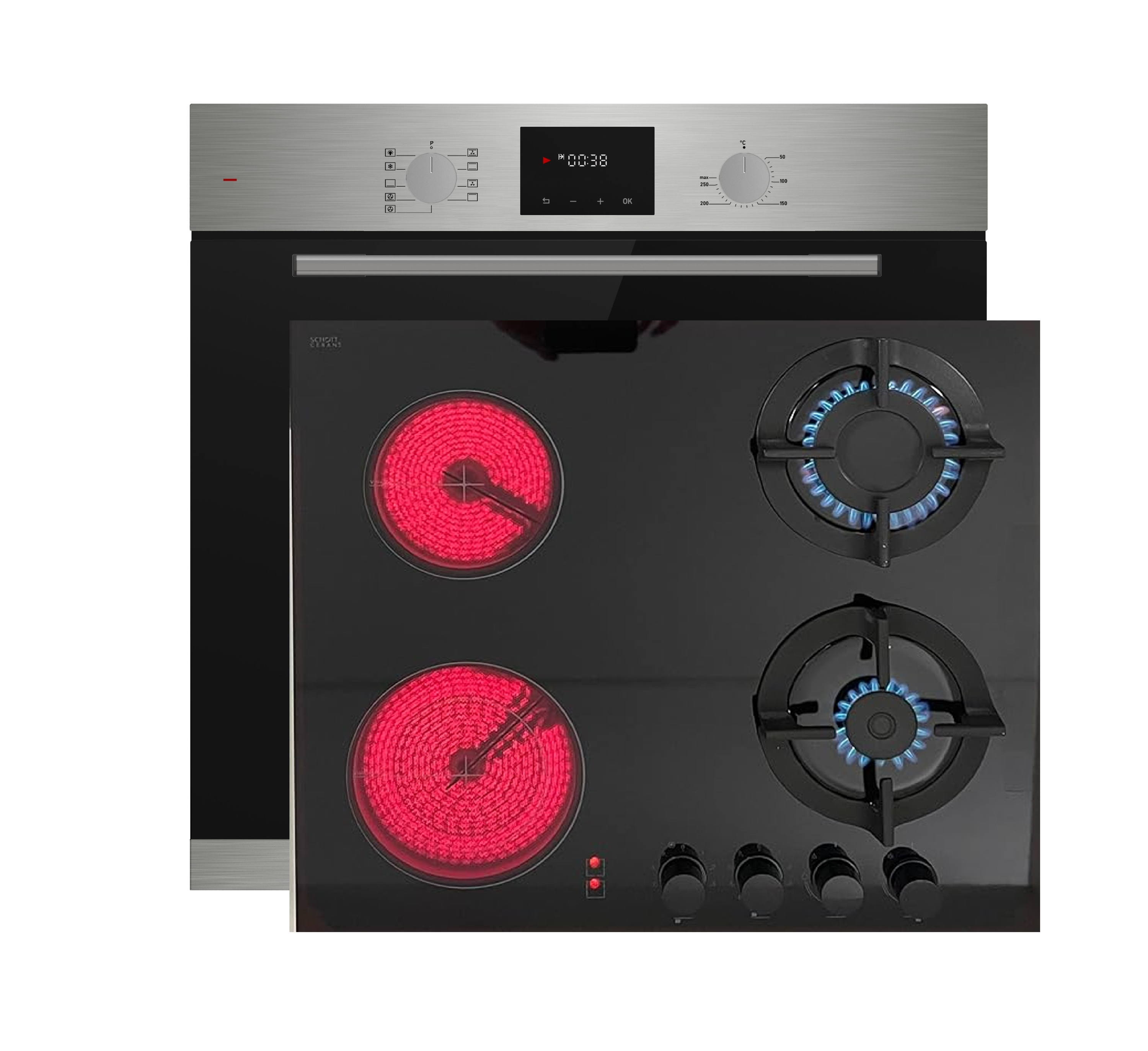 Böhme Einbaubackofen HB60F78PPX mit versenkbare Knebel, Edelstahl Glas mit Heißluft mit Hybrid Kombi GAE60HY Glas Gas Elektro 60cm Kochfeld Erdgas LPG