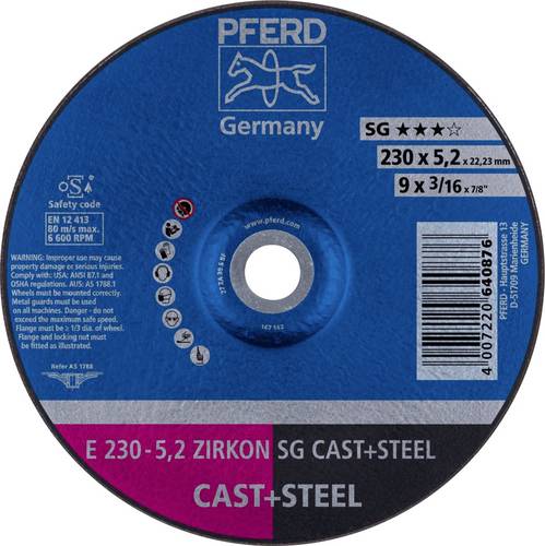 PFERD TOOLS 62223527 E 230-5,2 ZIRKON SG CAST+STEEL Schruppscheibe gekröpft Durchmesser 230mm Bohrungs-Ø 22.23mm Grau-/Sphäroguss