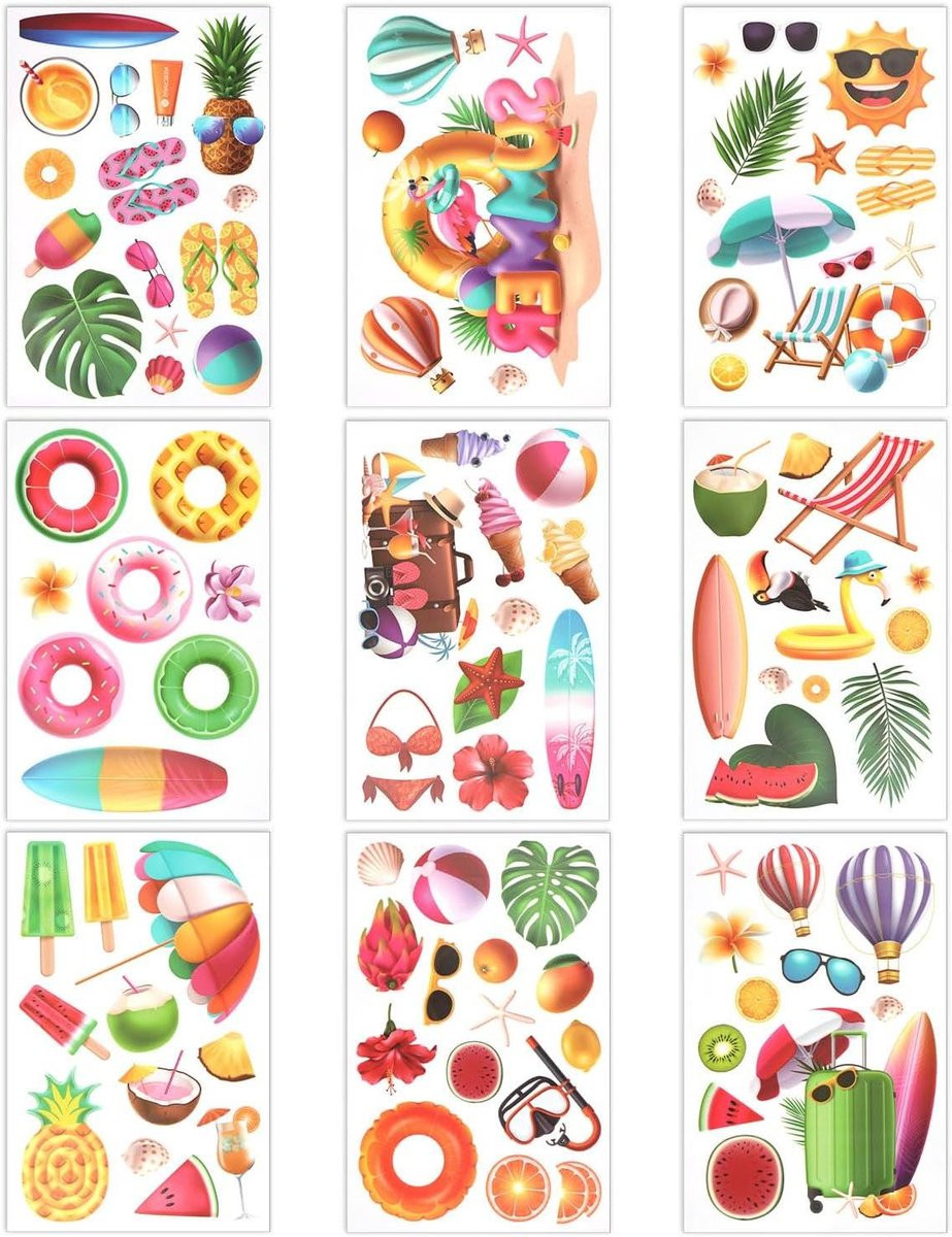9 vellen kleurrijke zomerse raamstickers met dubbelzijdig patroon voor glasdecoratie