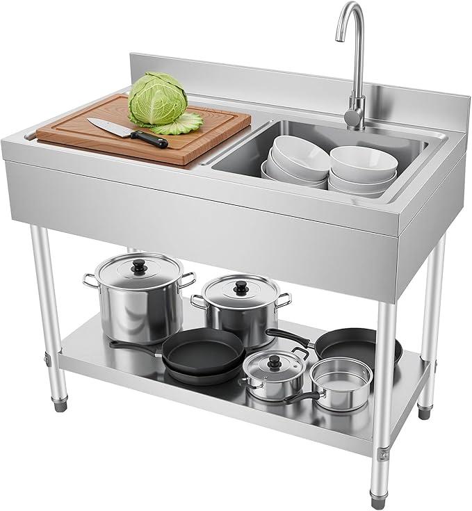 Gewerbliche Edelstahl-Küchenspüle Freistehend, Spülbecken mit Unterschrank, 360° Drehbarer Wasserhahn & Filterkorb, Tragfähigkeit bis 300kg, Multifunktional für Indoor & Outdoor Nutzung