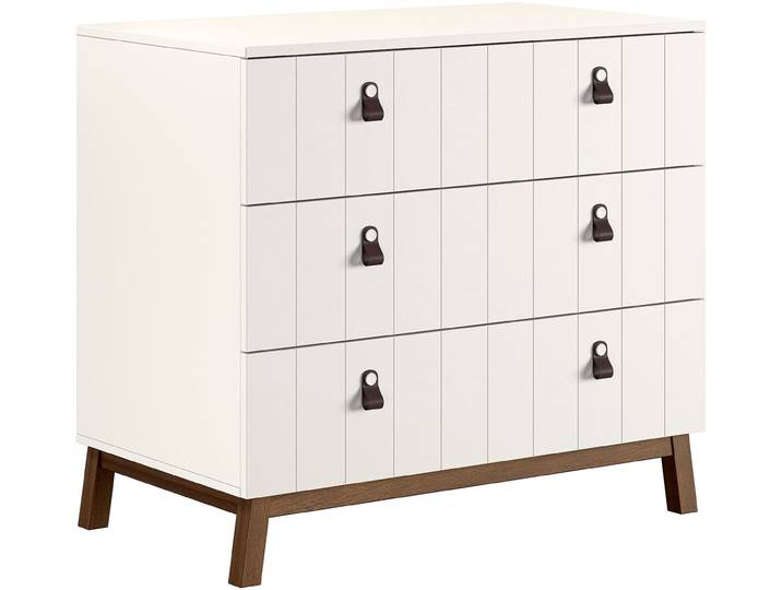 Kommode VIPACK Sezane mit Front in Rillen-Optik und Griffschlaufen , weiss (clay, kiefer nussbaum), B:98,5cm H:89,4cm T:57cm, MDF, Massivholz, Sideboards, Kommode, MDF Clay farben lackiert, braune Griffschlaufe, Sockel nussbaumfarbig