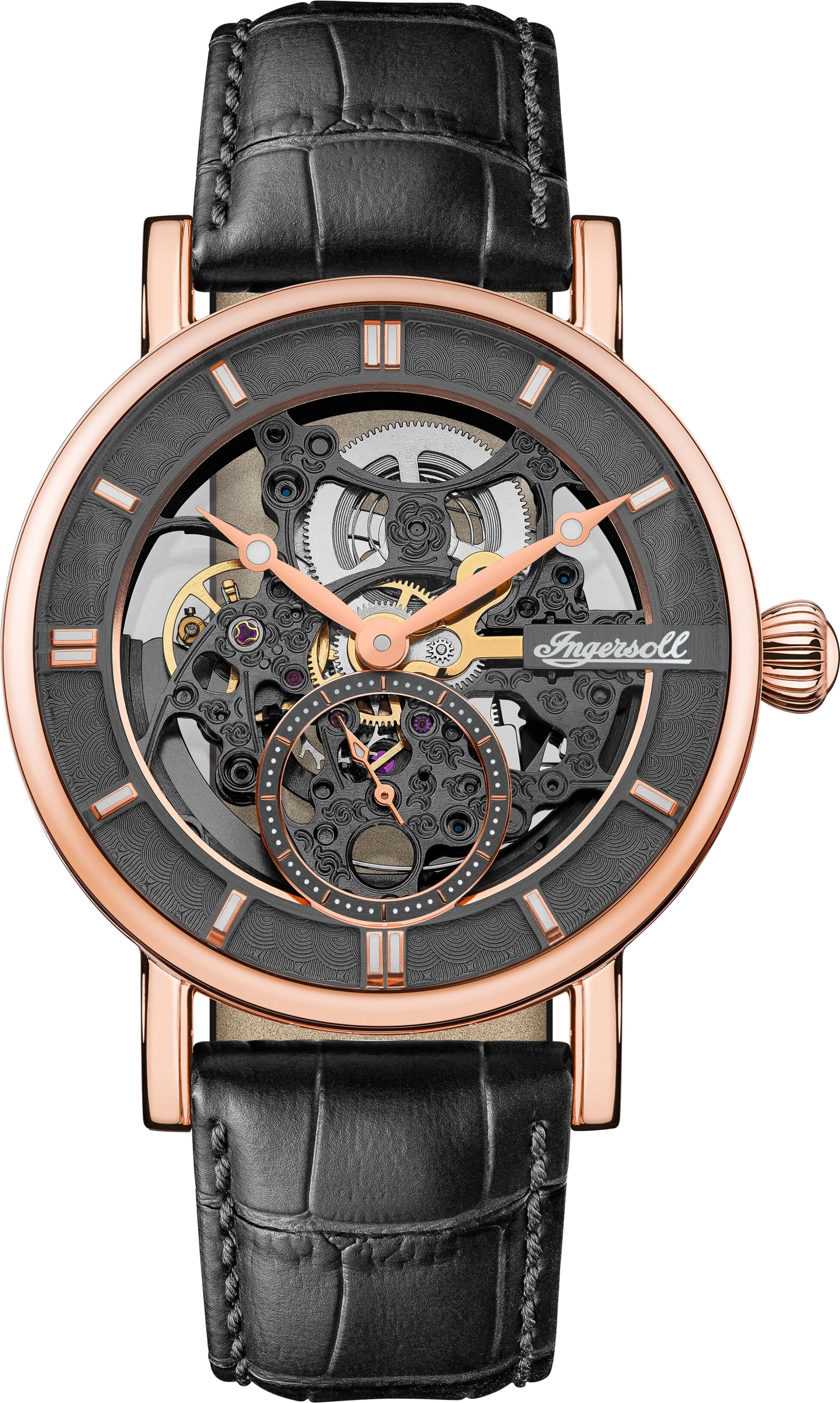 Automatikuhr INGERSOLL "The Herald", rosa (schwarz, schwarz), Armbanduhren, Herren, roségoldfarben, Automatikuhr, Armbanduhr, Herrenuhr, Mechanische Uhr, Lederarmband, analog
