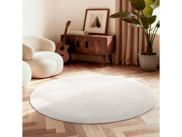 Teppich VILLEROY & BOCH Wollteppich Kivi , weiss (natur creme), H:17mm Ø:150cm, Nylon, Wolle, Teppiche, Teppich, Handgewebt, Wolle, Bordüre, Einfarbig, Läufer, Wohnzimmer, Organisch