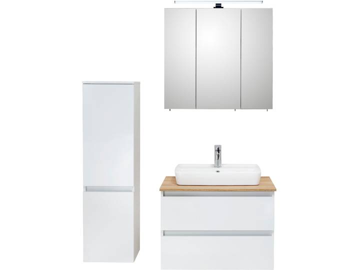 Badmöbel-Set SAPHIR Quickset 360 3-teilig, Keramik-Aufsatzbecken mit LED-Spiegelschrank , weiss (weiß glanz, riviera eiche quer nachbildung), Kastenmöbel-Sets, Badmöbel-Set, mit Midischrank, 5 Türen, 2 Schubladen, inkl. Türdämpfer