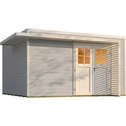 Weka Design Gartenhaus Pure Garden Amberley mit Massivholz-Doppeltür - 44 mm grau/weiß Ohne Fenster 400 x 400 cm