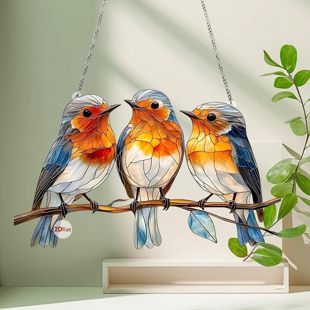 Hangende vogel decoratie in glas-in-lood-stijl – 2D acryl paneel – Mus – 15 cm