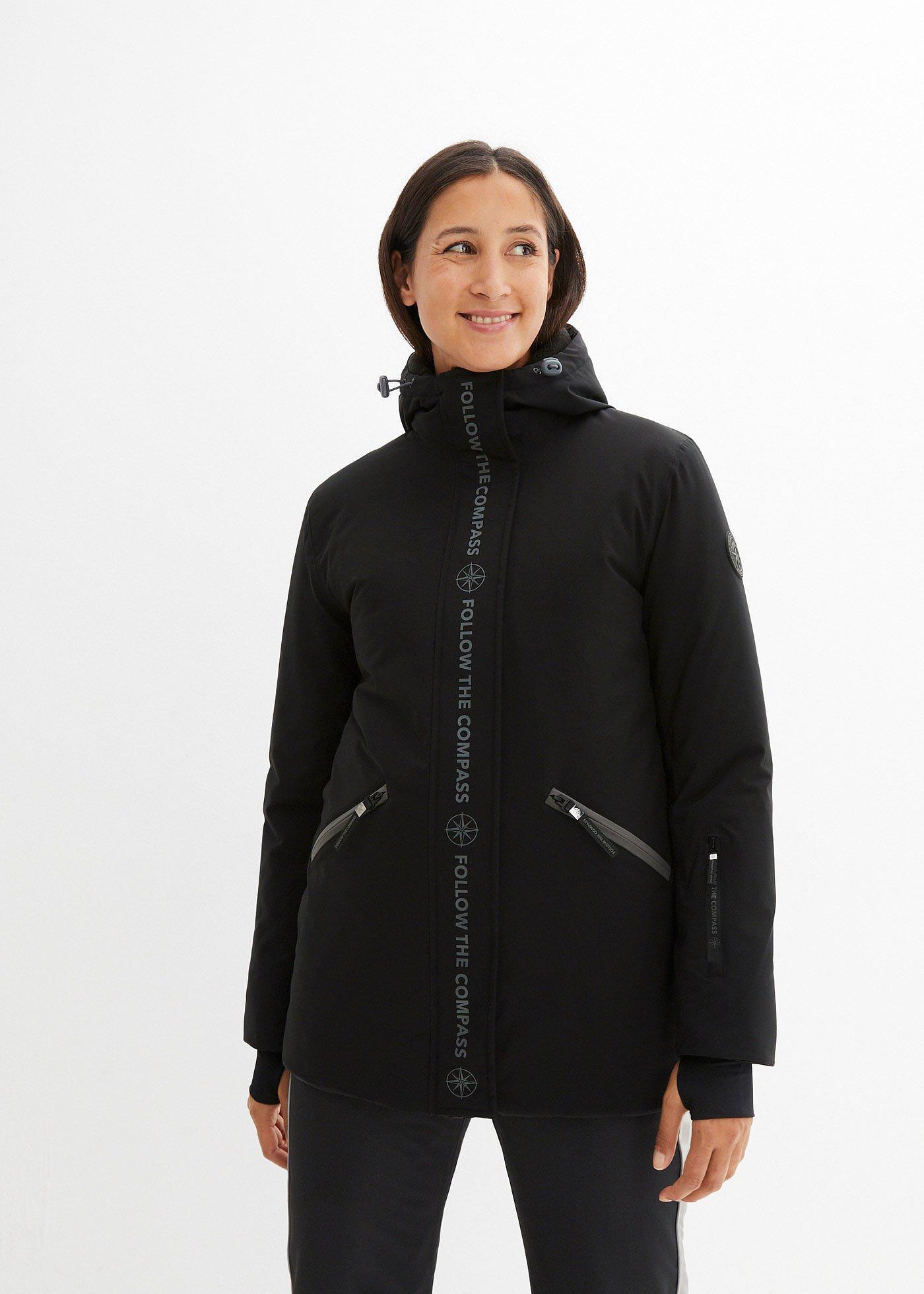 bonprix wasserdichte Ski Funktions-Jacke, schwarz, Gr.38, Lange Skijacke mit verschließbaren Taschen und Schneefang, weit geschnitten