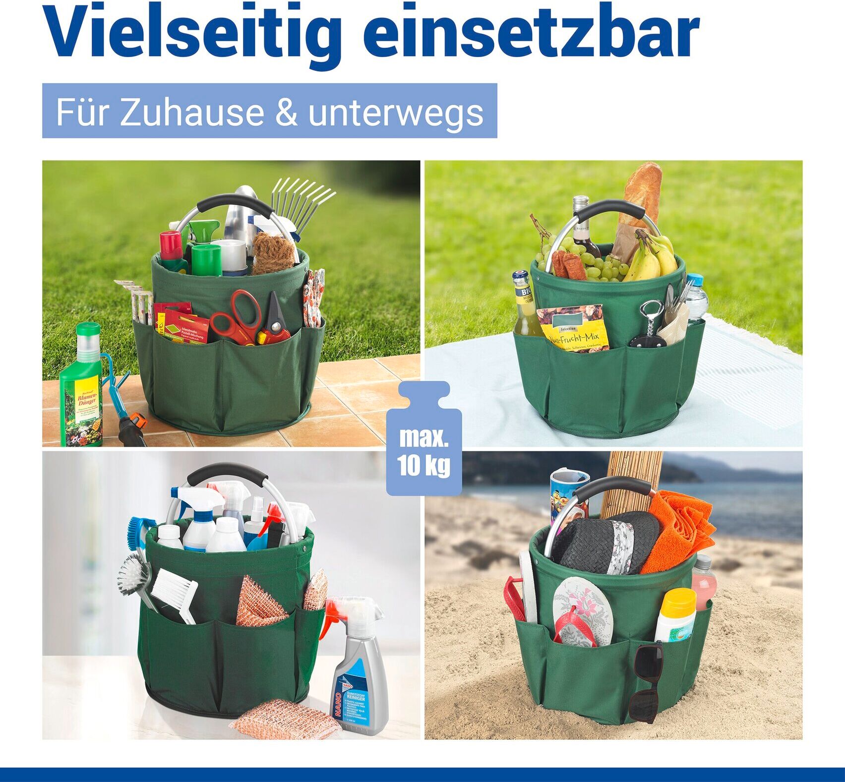 Organizer MAXIMEX "Universal-Reinigungs-Caddy", grün, H:26,5cm T:28cm Ø:28cm, Aluminium, Polyester, Aufbewahrungsboxen, Organizer, mit 6 Aussentaschen für Gartenwerkzeug, grosses Hauptfach, faltbar, 16 l grün Einheitsgröße