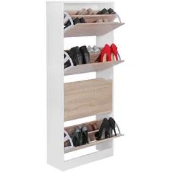 Schuhschrank 4 Fächer - 24 Paar Schuhe, Weiß und Sonoma Eiche, Robuste Spanplatte. 60x24x150 cm | Kadima Design