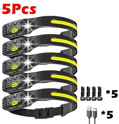 Uplifted Finds Panoramic COB LED 5 Mode Motion Sensor Rechargeable Headlamp 5 Pcs With Hooks