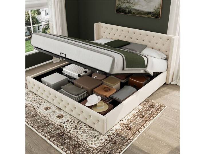 Lit capitonné 160x200 cm beige velours avec boutons décoratifs et coffre hydraulique lit double élégant rangement