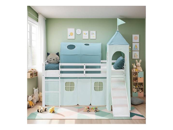 Homestyle4u Hochbett Kinderbett 90x200 Spielbett Kiefer Jungen Weiß Grün Mint Vorhang (Set, mit Rutsche, Tunnel und Turm, Spielbett) mit Rausfallschutz