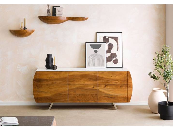 Sideboard Akazie 184x40x75 natur lackiert / Marmor weiß MONTREAL #128