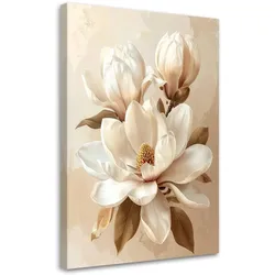 LEINWANDBILD, Cremefarbene Magnolien mit braunen Blättern in einem klassischen Stil