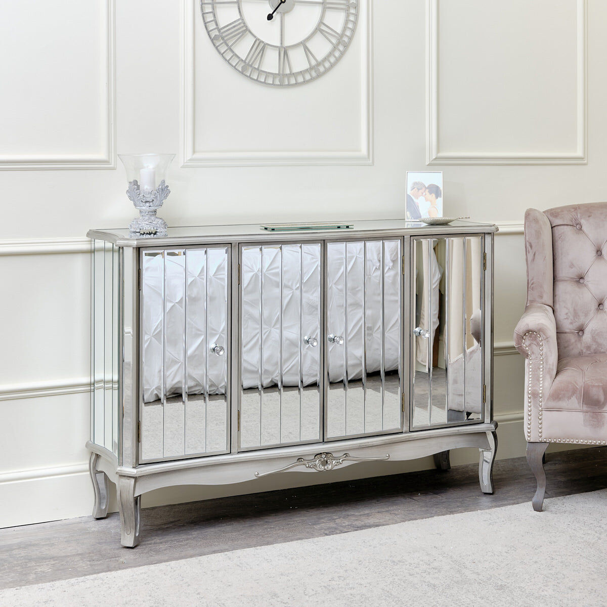 Silver Mirrored Wardrobe & Large Sideboard - Tiffany Range Wood, Glass, Metal
