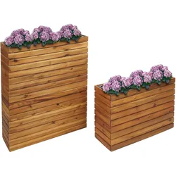 2er-Set Pflanzkasten HWC-L21, Pflanzkübel Blumentopf Hochbeet, eckig Outdoor Akazie Holz FSC®-zertifiziert, braun