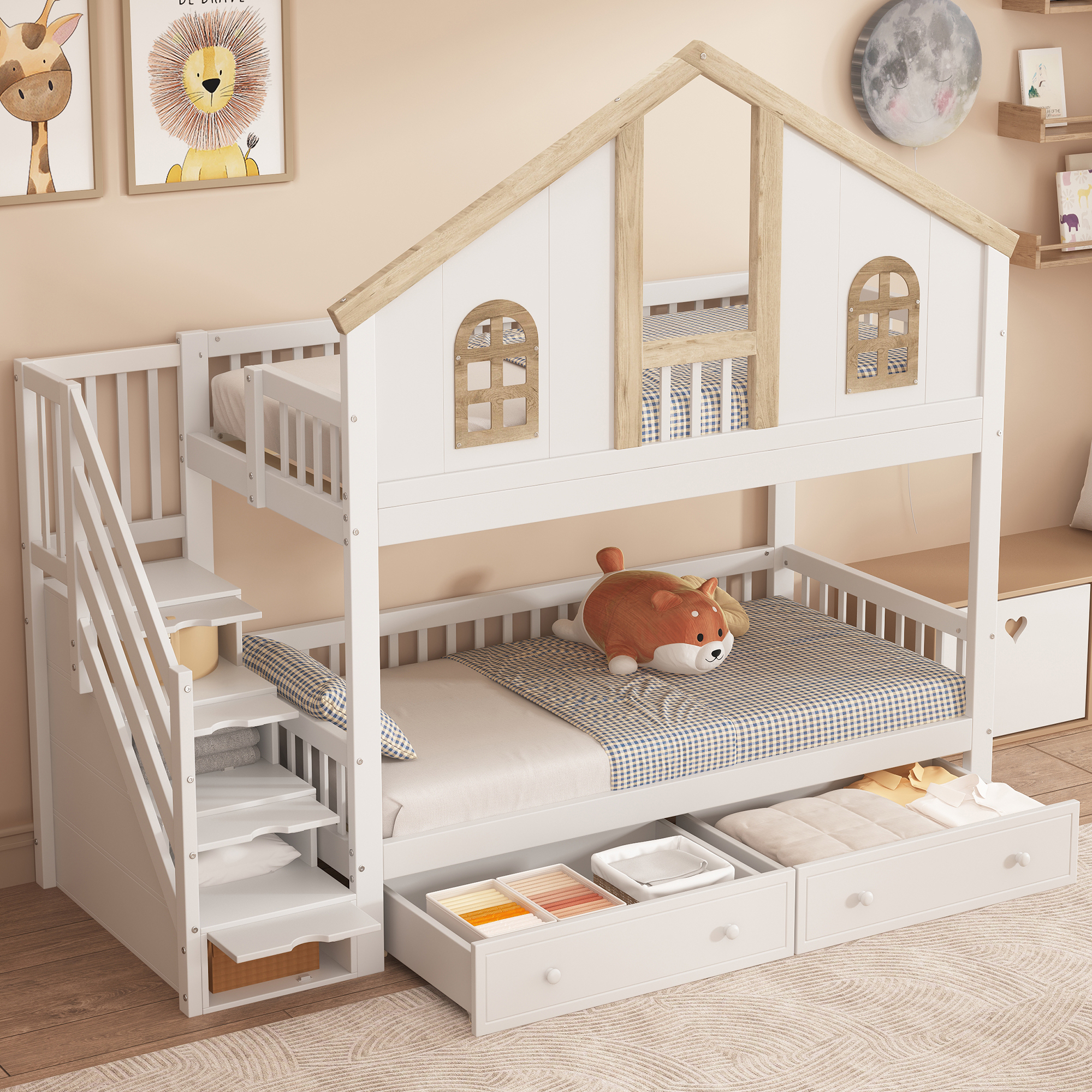 okwish Etagenbett Kinderbett 90x200Bettgestell mit zwei Matratze und Fallschutzgitter,Zwei Schubladen mit Rollen, mit Schrägleiter und Schubladen, Kiefer+MDF, Weiß+Natur