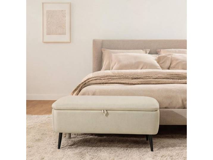 Banquette coffre 2 places en tissu polyester soft beige 102 cm design minimaliste rangement intégré
